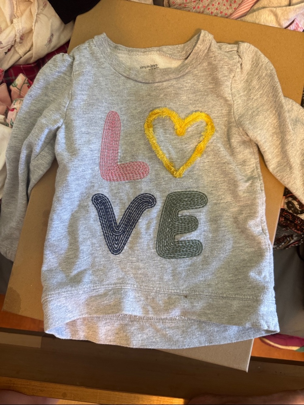 Gray Kids "LOVE" Appliqué Sweatshirt - Yellow, Pink, Navy, Green Accents